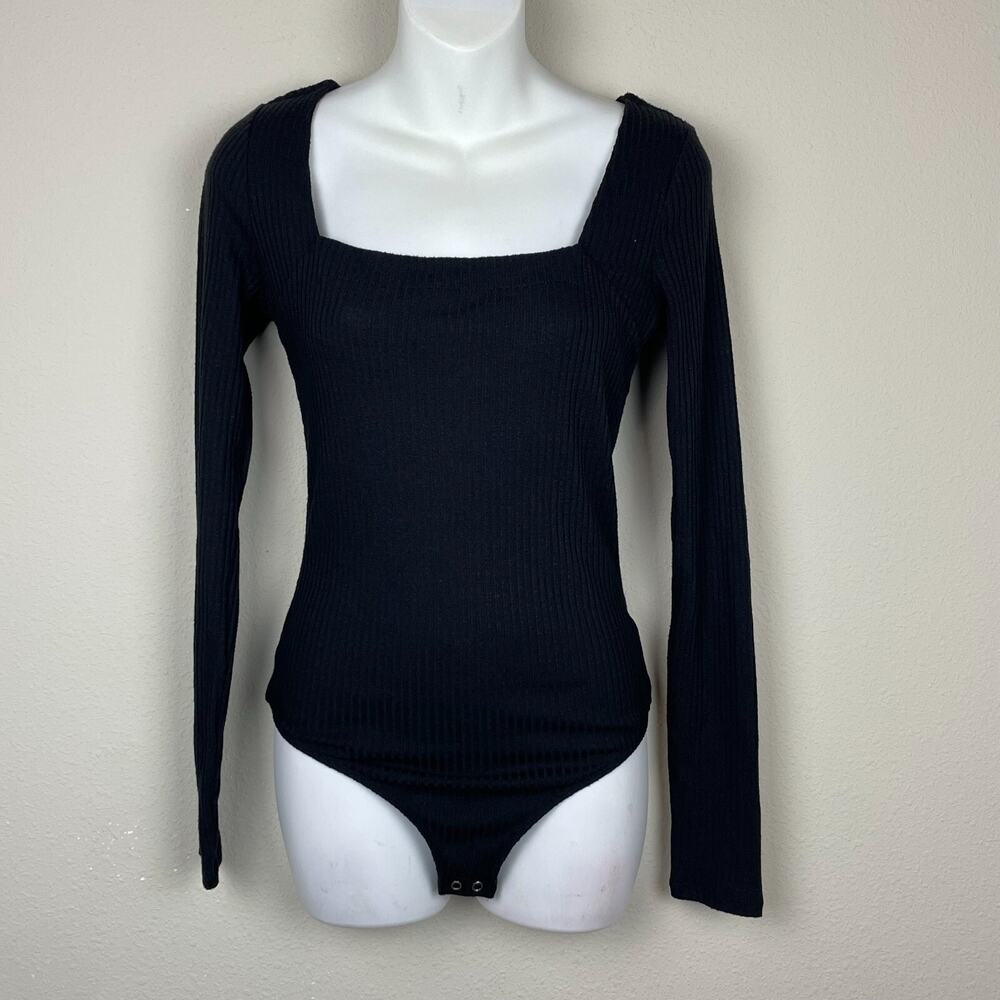 Express Y2K Black Ribbed Long Sleeve Bodysuit Size S Square Neck Festival
